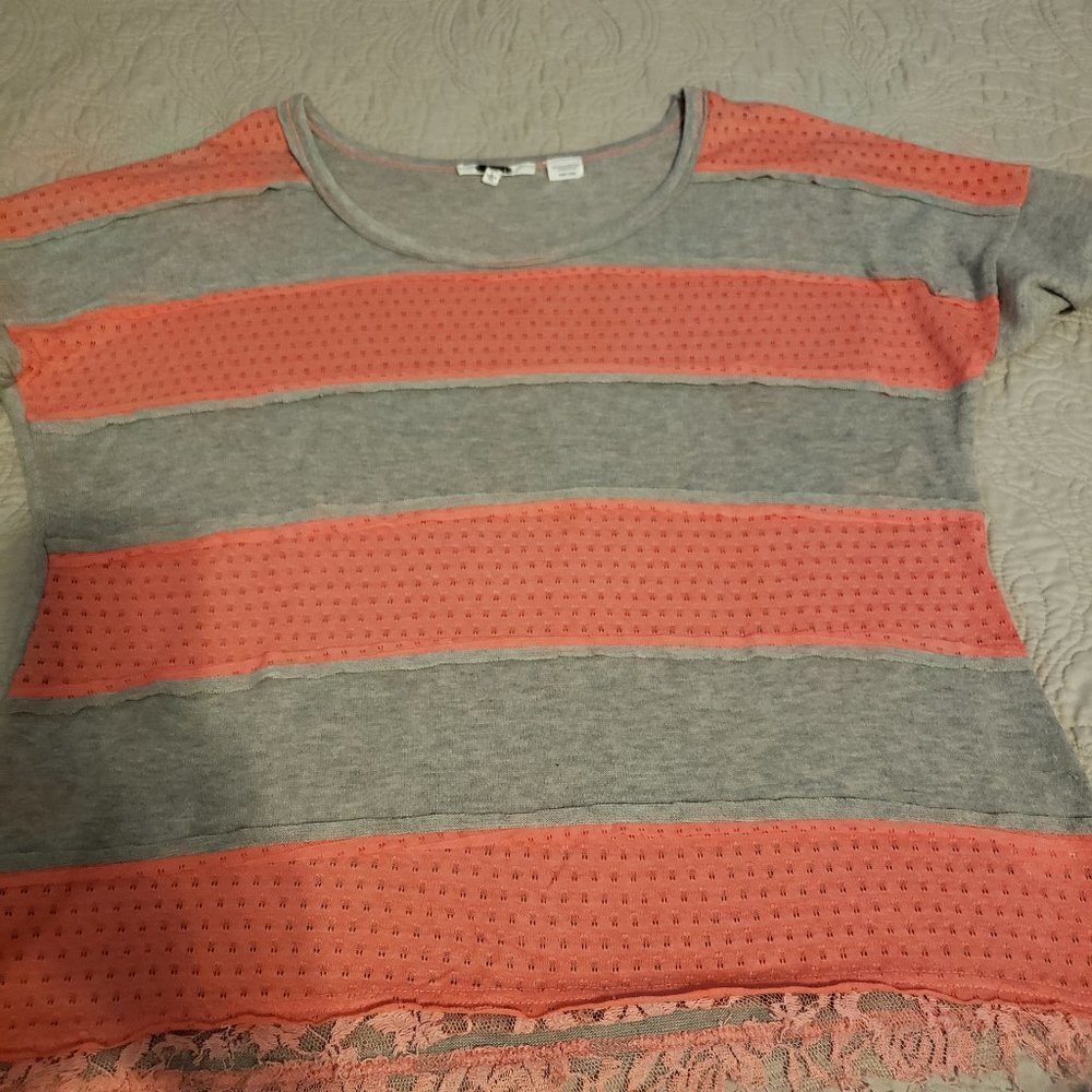 MISS Me Mixed Media Knit Stripe Pullover - Coral